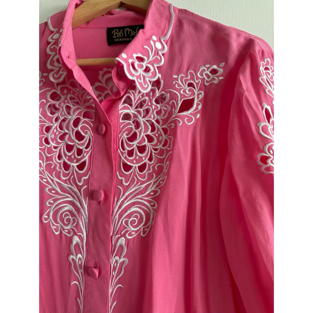 Bob Mackie Wearable Art VINTAGE 90s button down bubblegum 100% silk embroidery L - Picture 2 of 14